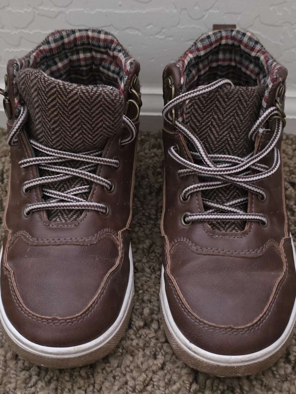 Kids Lace Up Brown Boots Size 1 US Sports Outdoor Cognac Faux Leather